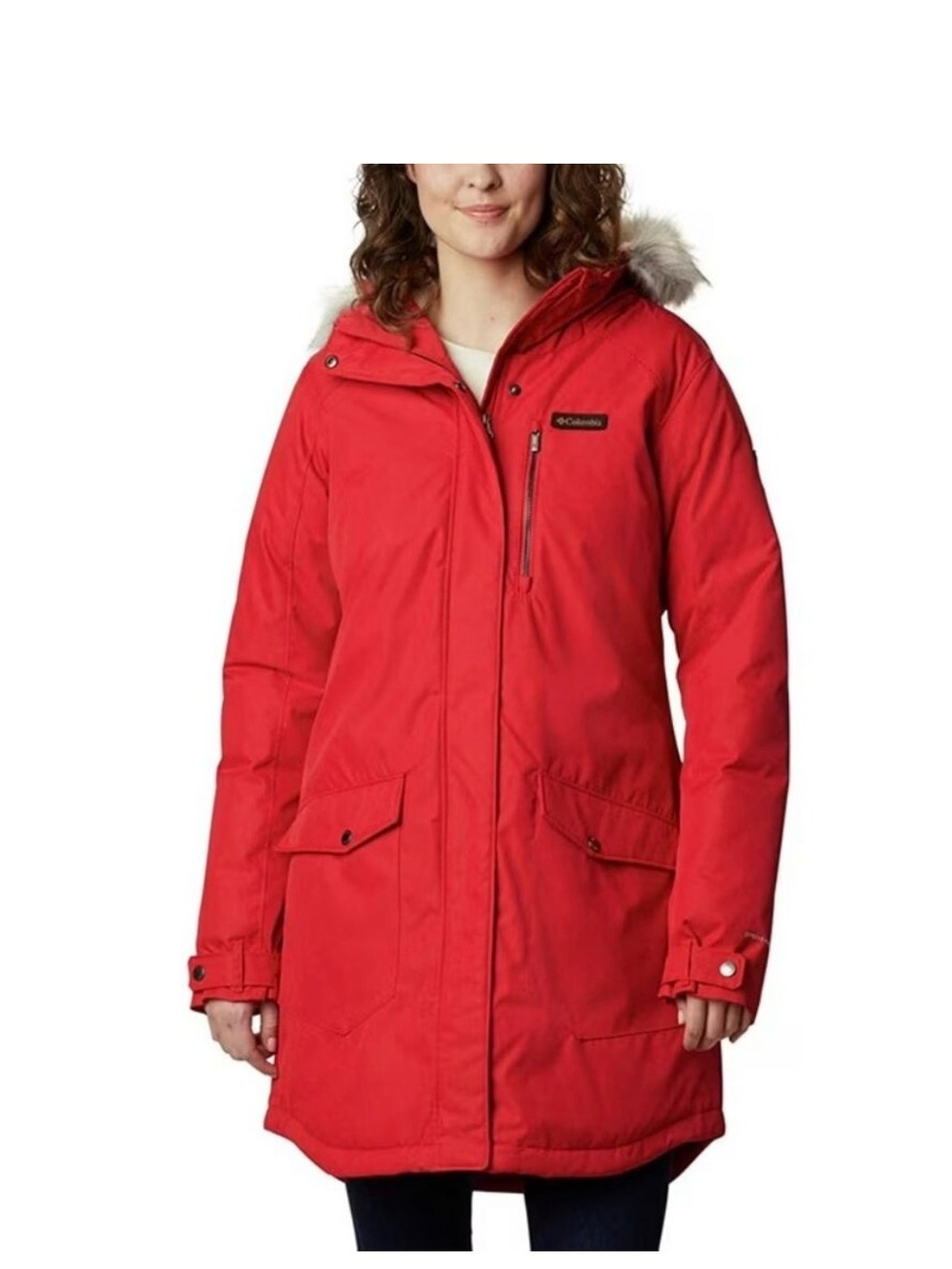 Columbia Subtle Mountain Lily Red Women’s Red Ski Parka with Faux Fur Trim